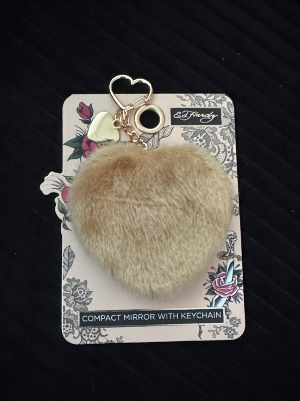 Ed Hardy Beige Faux Fur Heart Compact Mirror Keychain